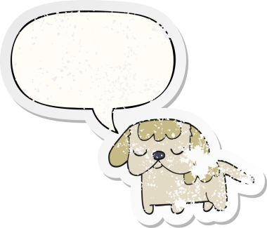 Konuşma baloncuğu olan sevimli bir çizgi film köpeği. Bir insan tarafından çizilmiş sıkıntılı eski bir çıkartma.