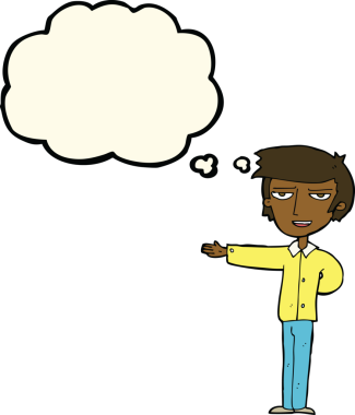 Bir insan tarafından çizilmiş düşünce baloncuğuyla el kol hareketi yapan bir karikatürist.