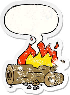 Konuşma baloncuğu ile karikatür kampı yangını Bir insan tarafından çizilmiş sıkıntılı eski çıkartma