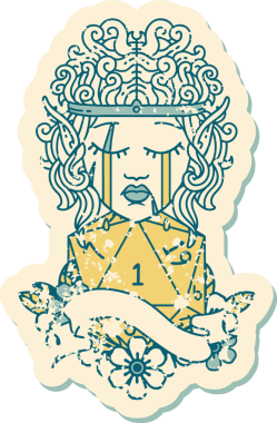 Retro Tattoo Stili üzgün elf barbar karakter yüzü ve bir insan tarafından çizilmiş doğal bir D20 rulo.