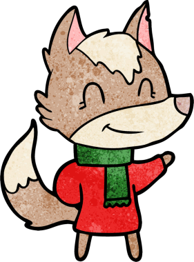 Bir insan tarafından çizilmiş kışlık giysili, dost canlısı kurt.