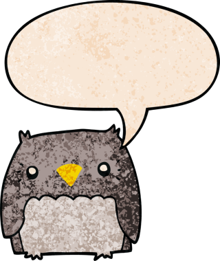 Bir insan tarafından çizilmiş geçmişe dönük konuşma baloncuğu olan sevimli çizgi film baykuşu.