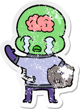 Çizgi filmin sıkıntılı çıkartması. Büyük beyin uzaylıları ağlıyor ve bir insan tarafından çekilen el sallıyor.