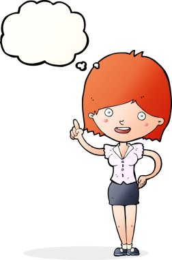 Bir insan tarafından çizilmiş düşünce baloncuğu fikri olan karikatür kadın.