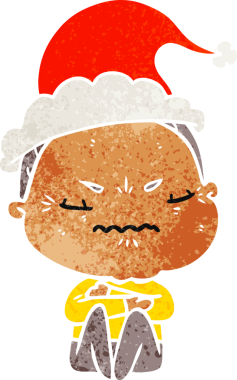 Bir insan tarafından çizilmiş Noel Baba şapkası giymiş yaşlı bir kadının el çizimi karikatürü.