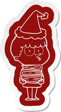 Bir insan tarafından çizilmiş Noel Baba şapkası giyen meraklı bir çocuğun garip çizgi film çıkartması.