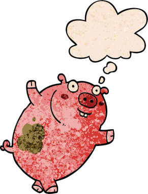 Düşünce baloncuklu komik çizgi film domuzu. Bir insan tarafından çizilmiş grunge doku.