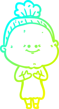 Bir insan tarafından çizilmiş, mutlu, yaşlı bir kadının çizimi.