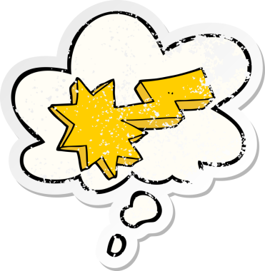 Düşünce baloncuğu olan karikatür yıldırımı bir insan tarafından çizilmiş yıpranmış bir çıkartma gibi.