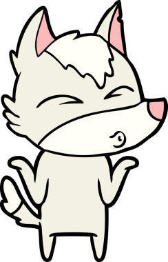 Bir insan tarafından çizilmiş omuzlarını silkeleyen kurt çizgi filmi.