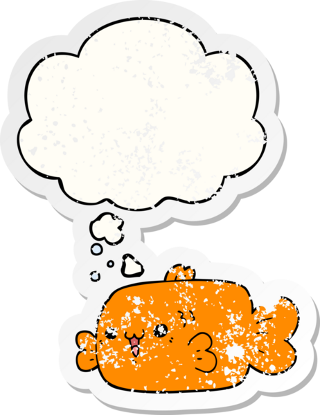 Düşünce baloncuklu karikatür balığı insan tarafından çizilmiş yıpranmış bir çıkartma gibi.