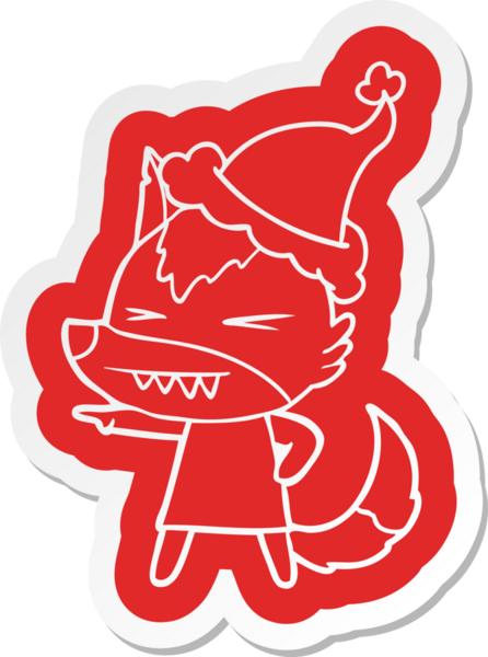 Kızgın kurt çizgi film çıkartması. Bir insan tarafından çizilmiş Noel Baba şapkası.