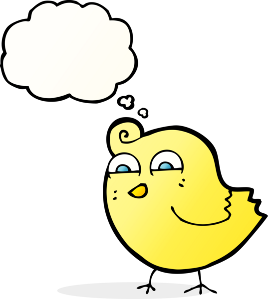 Bir insan tarafından çizilmiş düşünce baloncuklu komik kuş.