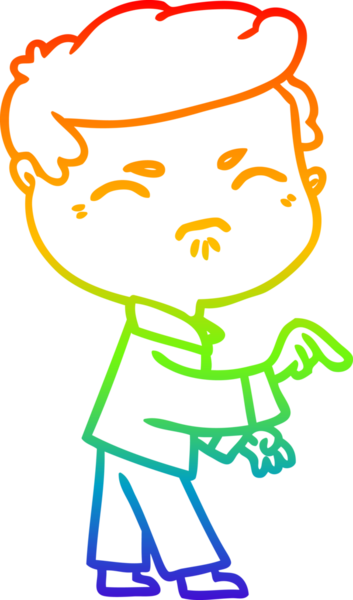 Çizgi film karakteri çizen gökkuşağı gradyan çizimi. Sinirli bir adam bir insan tarafından işaret ediliyor.