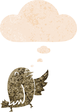 Düşünce baloncuğu ve grunge ile çizgi film kuşu bir insan tarafından çizilmiş sıkıntılı retro tarzı