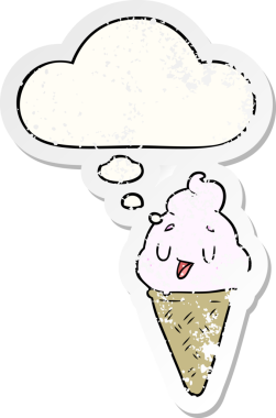 Düşünce baloncuklu tatlı çizgi film dondurması insan tarafından çizilmiş yıpranmış bir çıkartma gibi.