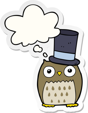 Düşünce baloncuklu silindir şapka takan baykuş bir insan tarafından çizilmiş çıkartma.