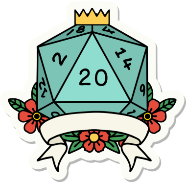 Bir insan tarafından çizilmiş 20 kritik vuruşluk D20 zar etiketi.