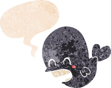 Bir insan tarafından çizilmiş grunge dertli retro tarzı konuşma balinası ile çizgi film balinası