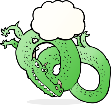 Bir insan tarafından çizilmiş düşünce baloncuklu çizgi film ejderhası.