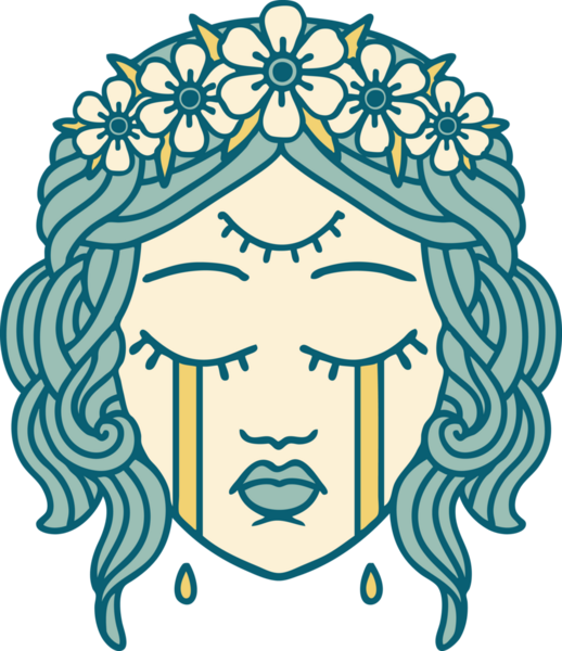 İkonik dövme stili. Üçüncü gözü ve bir insan tarafından çizilmiş çiçek taçlı kadın yüzü.