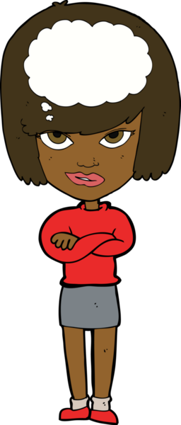 Bir insan tarafından çizilmiş kolları katlanmış bir karikatür kadın.