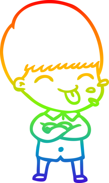 Gökkuşağı gradyan çizgi çizimi bir insan tarafından çizilmiş dili dışarı çıkaran bir çizgi çocuk.