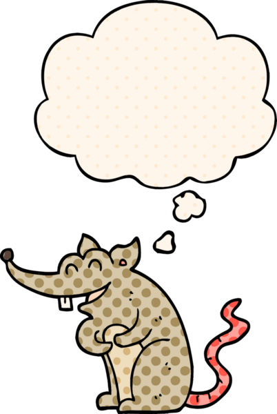 Çizgi roman tarzında düşünce baloncuğu olan çizgi film faresi insan tarafından çizilmiş.