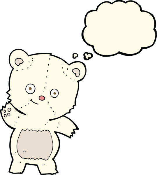 Bir insan tarafından çizilmiş düşünce baloncuklu şirin kutup ayısı çizgi filmi.