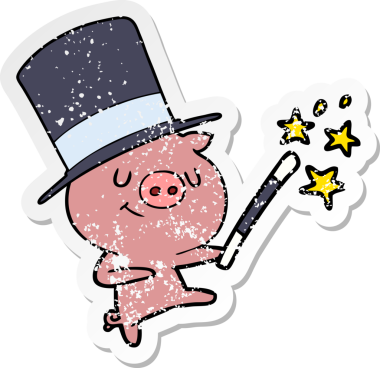 Bir insan tarafından çizilmiş mutlu bir domuz sihirbazının sıkıntılı çıkartması.