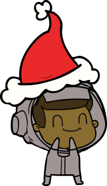 Bir insan tarafından çizilmiş Noel Baba şapkası giyen bir astronotun çizdiği mutlu el çizimi.