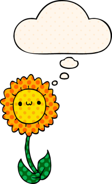 Bir insan tarafından çizilmiş, düşünce baloncuklu çizgi film çiçeği.