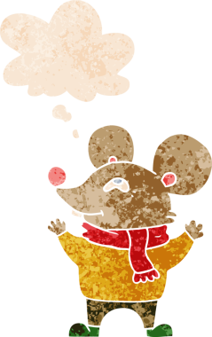 Düşünce baloncuklu eşarp takan çizgi film faresi bir insan tarafından çizilmiş dertli retro desenli.