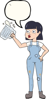 Bir insan tarafından çizilmiş biralı serbest konuşma balonu karikatürü kadın.