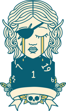 Retro Dövme Tarzı Ağlayan Elf Haydut Karakteri Bir insan tarafından çizilmiş doğal bir D20 rulosu