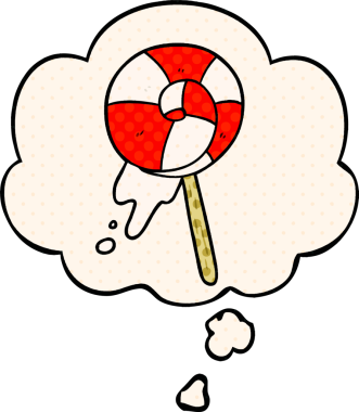 Çizgi roman tarzında bir insan tarafından çizilmiş düşünce balonlu çizgi film lolipopu.