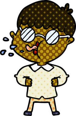 Bir insan tarafından çizilmiş gözlük takan çizgi film çocuğu.