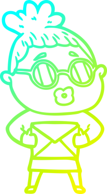 Bir insan tarafından çizilmiş güneş gözlüğü takan çizgi film kadını çizimi.