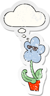 Düşünce baloncuğu olan serin bir karikatür çiçeği insan tarafından çizilmiş yıpranmış bir çıkartma gibi.