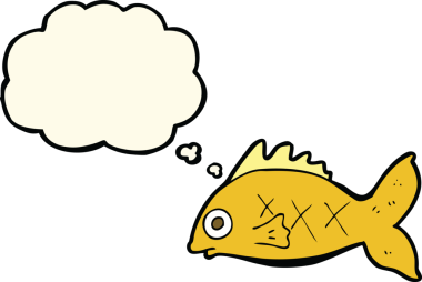 Bir insan tarafından çizilmiş düşünce baloncuklu çizgi film balığı.