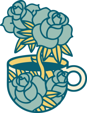 Bir fincan ve bir insan tarafından çizilmiş çiçeklerin ikonik dövme şekli