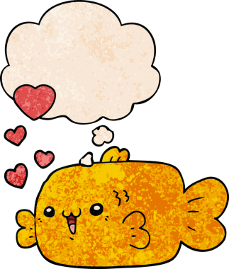 Sevgi dolu karikatür balıkları. Düşünce baloncukları ve insan tarafından çizilmiş grunge dokusuyla.