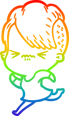 Gökkuşağı gradyan çizgi çizimi Bir insan tarafından çizilmiş sinirli hippi kız