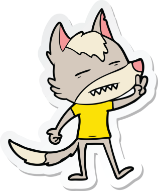 Bir insan tarafından çizilmiş dişleri gösteren bir kurt çizgi film etiketi.