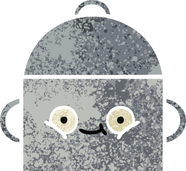 Bir insan tarafından çizilmiş yemek tenceresinin retro çizim tarzı karikatürü.