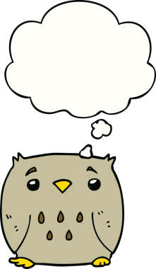 Bir insan tarafından çizilmiş düşünce baloncuklu çizgi film baykuşu