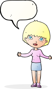 Bir insan tarafından çizilmiş bir konuşma balonuyla omuz silken karikatür kadın.