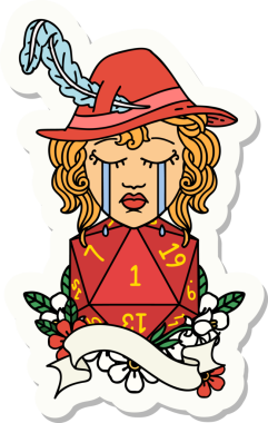 Ağlayan bir insan ozanın çıkartması. Bir insan tarafından çizilmiş doğal 1 D20 rulosu.