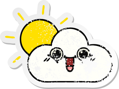 Tatlı bir çizgi film güneşinin sıkıntılı çıkartması ve bir insan tarafından çizilmiş bulut.