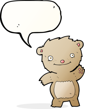 Bir insan tarafından çizilmiş konuşma balonlu oyuncak ayıyı sallayan çizgi film.